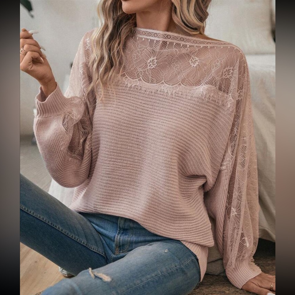 Cozy Contrast Lace Asymmetrical Boat Neck Batwing Sleeve Sweater Top - Picture 4 of 7